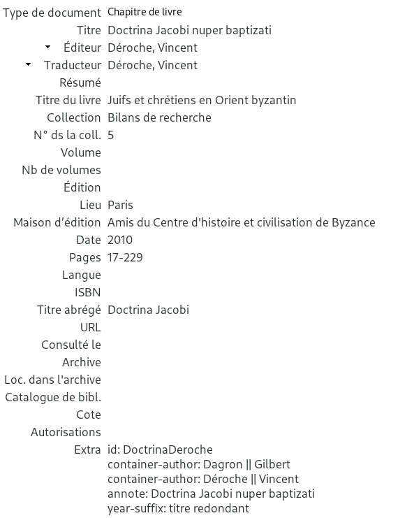 Enregistrement de la Doctrina Jacobi dans Zotero