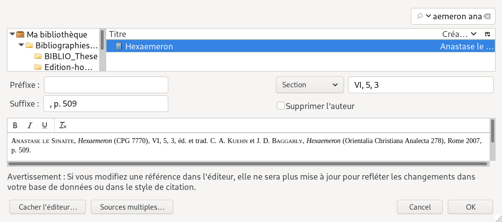 Localisation selon les divisions internes d'une source dans la fenêtre classique d'ajout de citation de l'extension Zotero pour LibreOffice (mise en forme selon les normes de la REB)