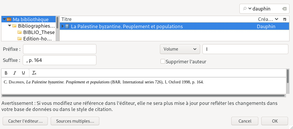 Volume indiqué dans la fenêtre classique d'ajout de citation de Zotero (mise en forme selon les normes de la REB)