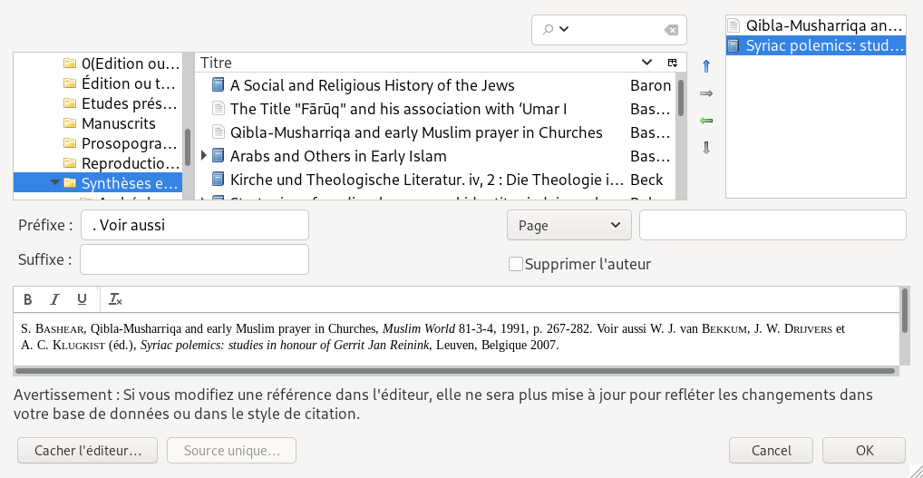 Sources multiples dans la fenêtre classique d'ajout de citation