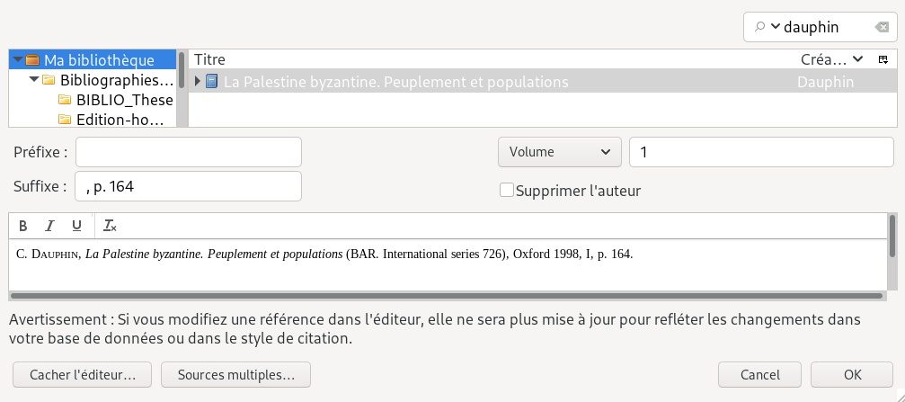 Volume indiqué dans la fenêtre classique d'ajout de citation de Zotero