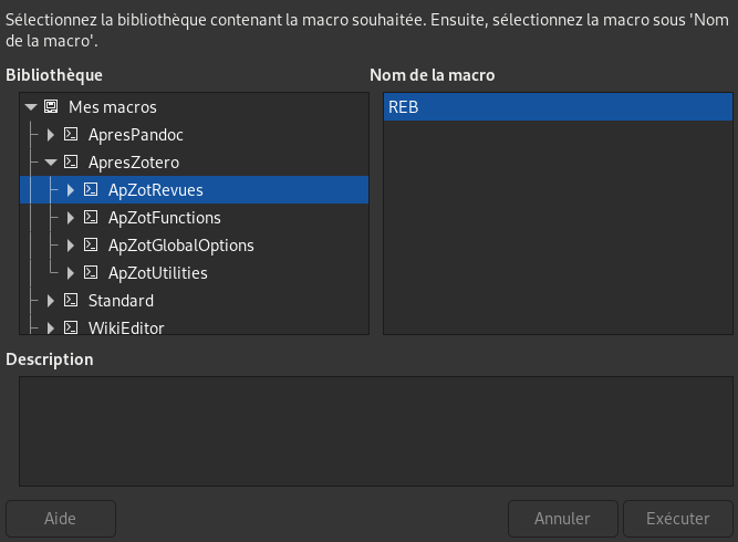 Sélection d'une macro dans LibreOffice