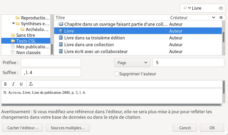 Localisation selon la page et la ligne dans la fenêtre classique d'ajout de citation de Zotero